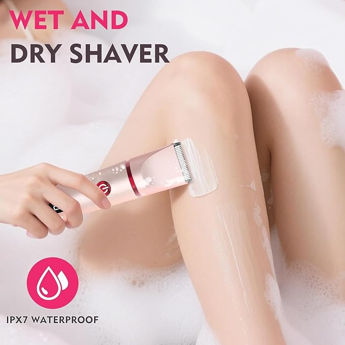Bikini Trimmer for Women, 3 in 1 Electric Razors for Women, Waterproof Pubic Hair Trimmer and Facial Hair Remover, Rechargeable Electric Shaver for Underarm Leg Arm Body with LED Display, Pink