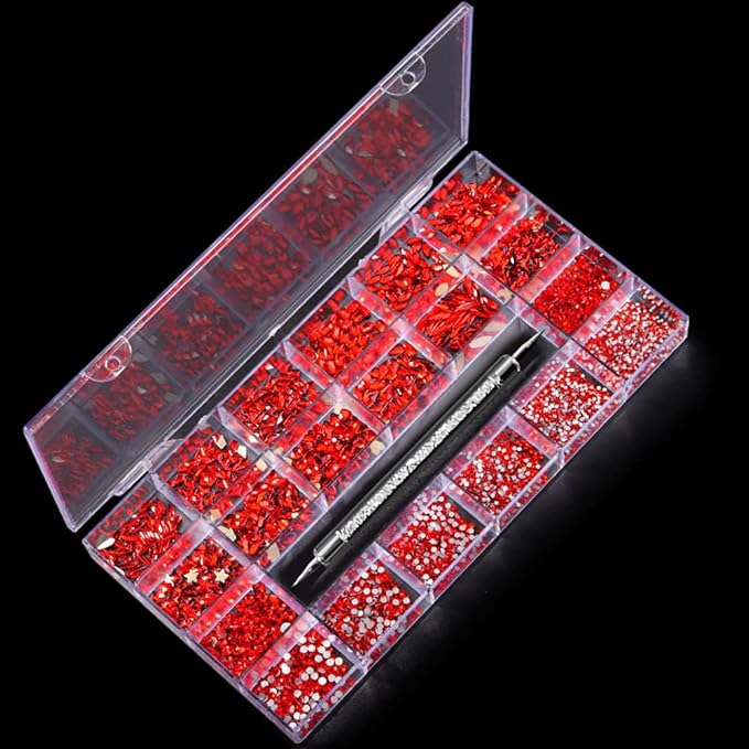 3100Pcs Nail Crystal Rhinestones Kit, Mix Shapes AB Glass, 3D Diamonds Flatback Crystals, with a Drill Pen, Nail Crystal Non Hotfix, Nail Art Decoration(Red)