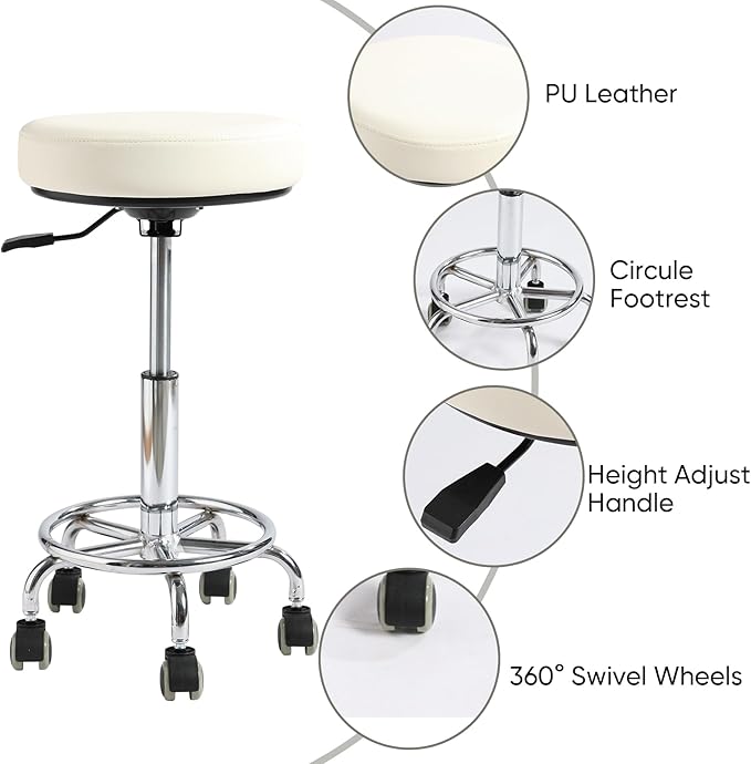 Adjustable Rolling Stool with Wheels - Ergonomic Salon & Tattoo Artist Chair, Office Stool with Comfortable PU Leather Seat, White