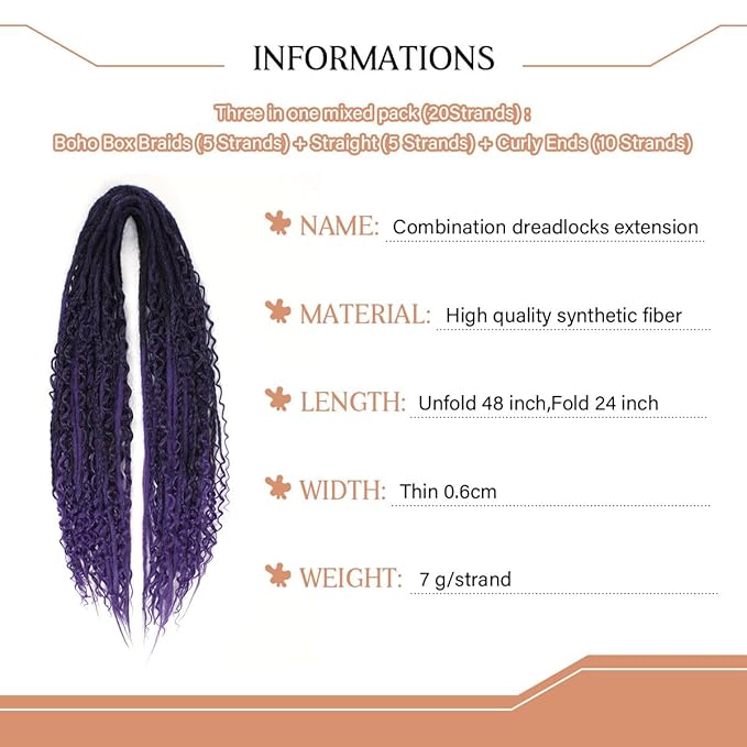 24 Inch Double Ended Dreadlock Extensions Sets, 20 Strands 3 In 1 Mixed Synthetic Dreads Extensions, Ombre Purple Straight&Curly&Boho Handmade Dreads Hippie Style Dreadlocks for Woman