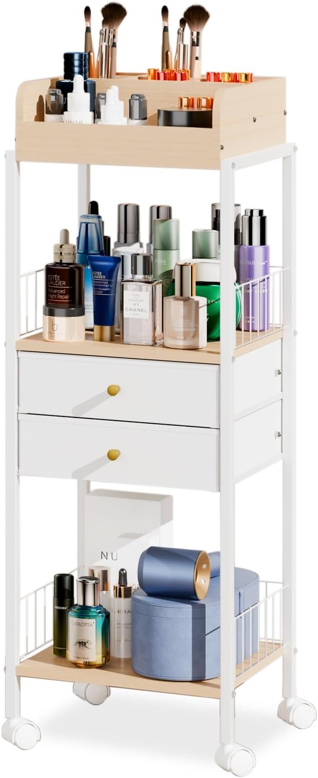 Makeup Organizer Cart Shelf Floor Skincare Organizers Make Up and Station Storage Cabinet For Vanity Standing Cosmetics With Drawers and Wheels For Nail Polish Perfume Hair Tool Holder Beauty(White)