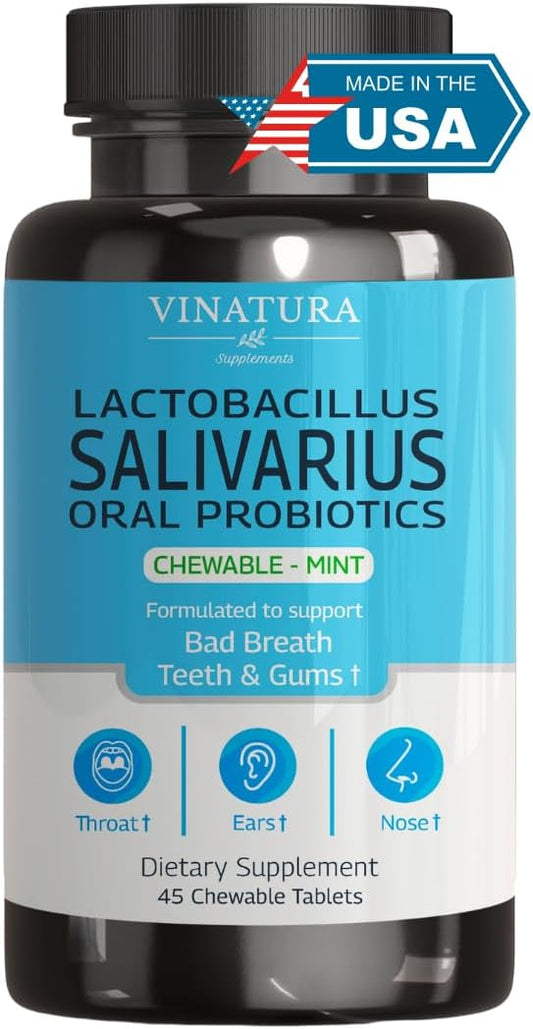 Lactobacillus Salivarius Oral Probiotics - Mouth Bad Breath Treatment for Adults, Dental probiotics for Teeth and Gums, Throat, Ear, Nose - 45 Chewable Mint Tablets