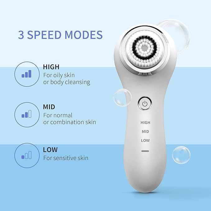 COSBEAUTY Face Scrubber Exfoliator Sonic Facial Cleansing Brush with 5 Interchangeable Brush Head,Face Brush Cleanser for Men IPX7 Waterproof,Wireless Rechargeable for Massaging,Deep Cleansing(White)