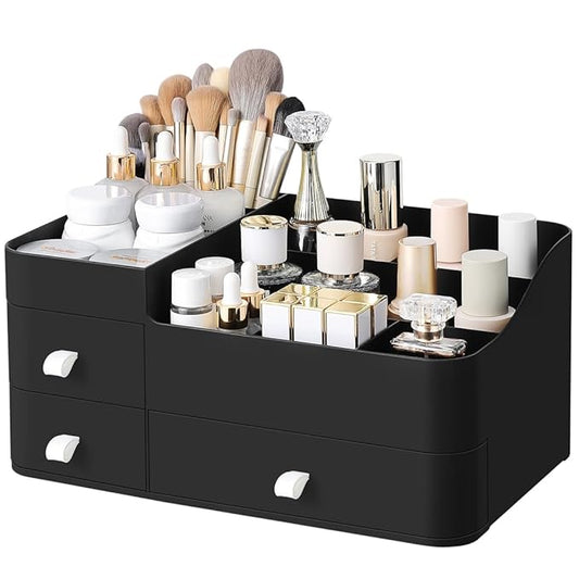 ONXE Makeup Organizer With Drawers,Large Countertop Storage for Cosmetics Elegant Vanity Holder for Brushes, Eyeshadow, Lotions, Lipstick, Nail Polish and Jewelry (black)