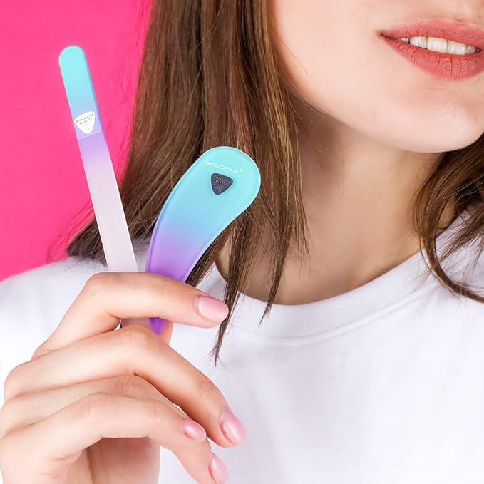 BONA FIDE BEAUTY Drop Ergonomic Glass Nail File Manicure Set - 4-Pieces Comfort Grip Ergofile Czech Glass