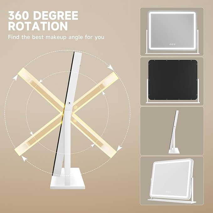 Hasipu Vanity Mirror with Lights, 22" x 18" LED Makeup Mirror, Light up Mirror with Smart Touch 3 Colors Dimmable, Brightness Adjustment, 360° Rotation (White)