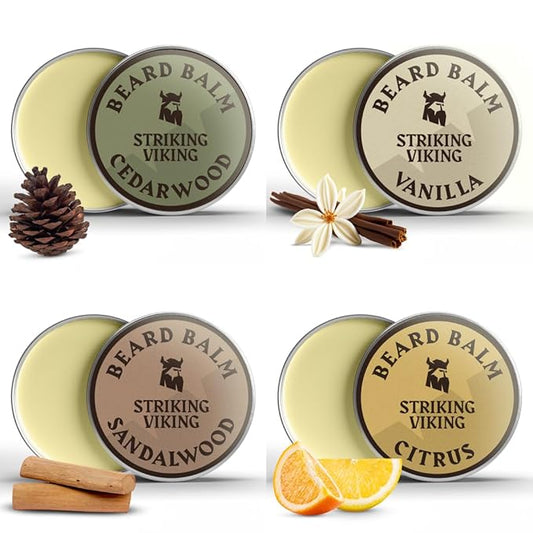 Striking Viking Beard Balm for Men – Light Hold, 1 Oz, Pack of 4 with Citrus, Vanilla, Sandalwood, Cedar Scents - Leave-in Beard Conditioner with Shea Butter, Tea Tree, Argan & Jojoba Oils