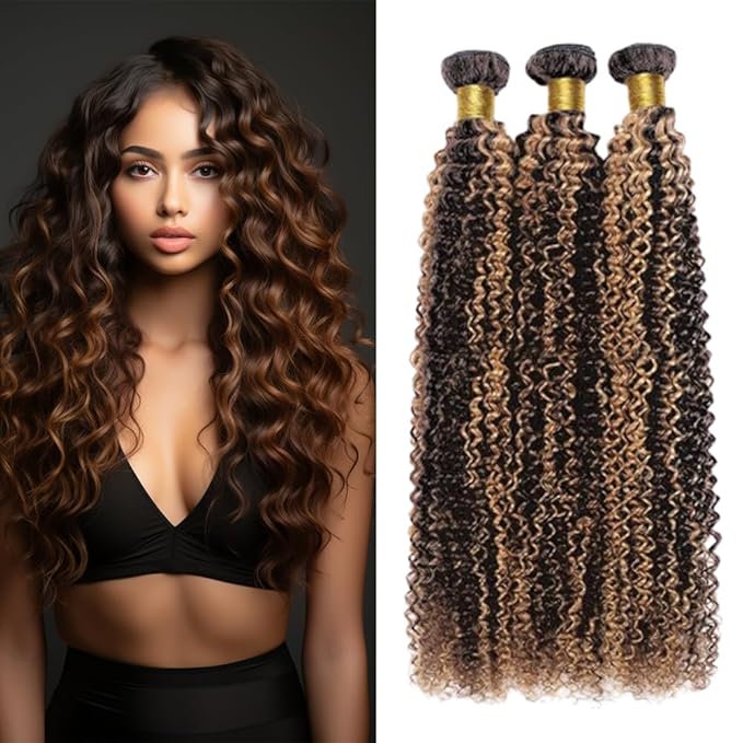 Highlight Bundles Human Hair P1B30 Curly Hair Bundles Black and Brown two tone Double Weft Brazilian Human Hair Wet and Wavy Soft Silky for Black Women 22 24 26 Inch