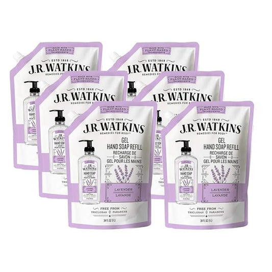 J.R. Watkins Gel Hand Soap Refill Pouch, Scented Liquid Hand Wash for Bathroom or Kitchen, USA Made and Cruelty Free, 34 fl oz, Lavender, 6 Pack