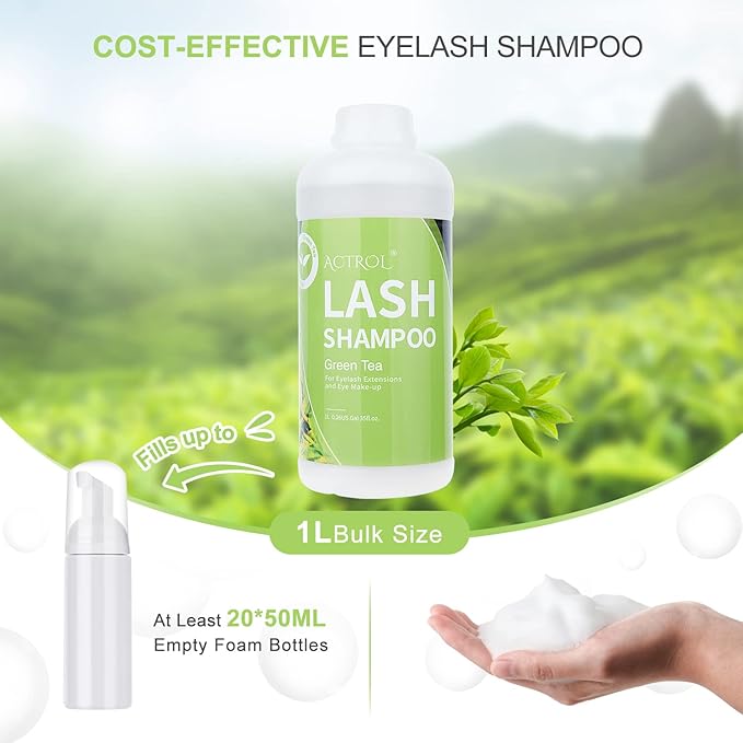 Eyelash Extension Cleanser Green Tea 1L Natural Lash Extension Shampoo Professional Eyelid Foaming Cleanser Paraben & Sulfate Free Non-lrritating with Salon and Home Care