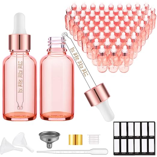 PrettyCare 2 oz Tincture Bottles with Dropper (63 Pack Rose Glass Eye Dropper Bottle 60 ml with Measured Pipettes, Golden Caps, Labels, Funnels & Plastic Pipettes) for Essential Oils