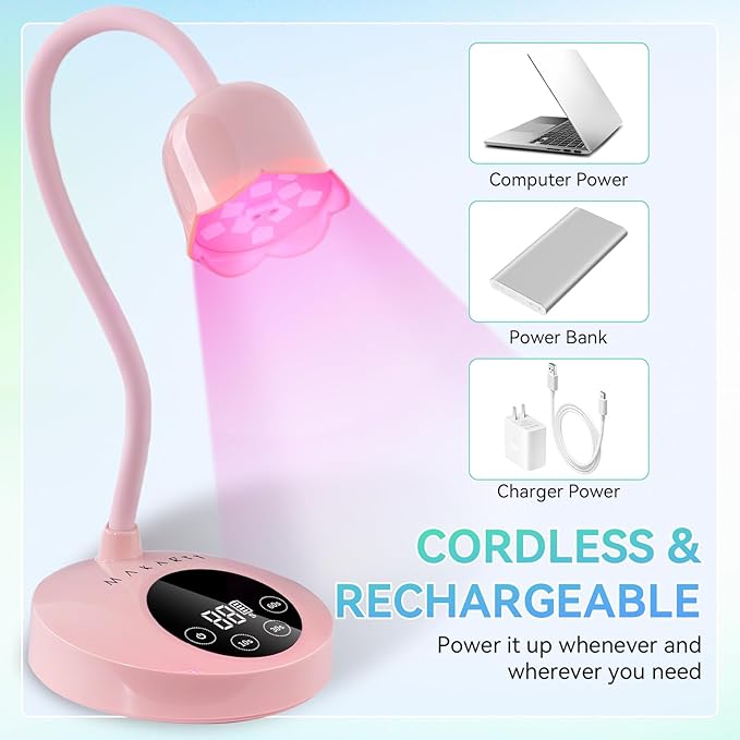 Makartt UV Nail Lamp: Mini UV Light for Gel Nails Polish Luminoza 30W Rechargeable LED Nail Dryer with 4 Timers & Auto Sensor Fast Curing Goosenecks Lamp for Home DIY Manicure (Pink)