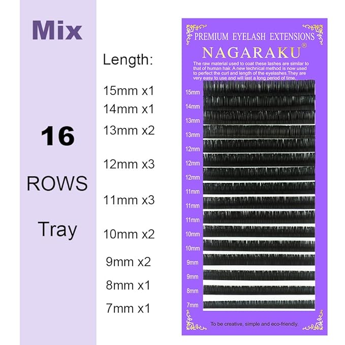 NAGARAKU Eyelash Extensions Individual Lashes 0.20 mm C curl 13mm Premium Classic Matte Black Faux Mink 16 Rows Natural Professional Beauty Salon Supplies