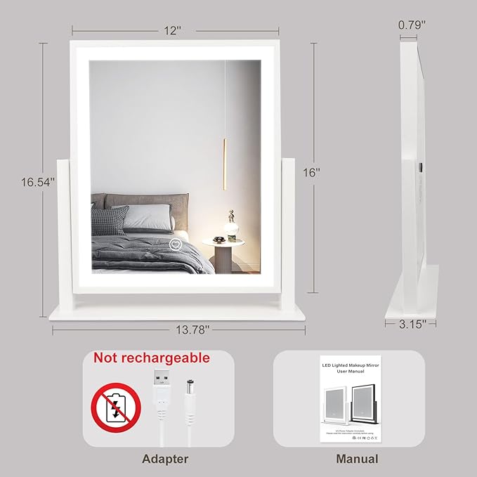 Beelux Classic 16 in Lighted Vanity Mirror Led Makeup Mirror with Light White Tabletop Mount Home Mirror with Dimmable LED Lights Thanksgiving Wedding Birthday Present Touch Control 360 Rotation