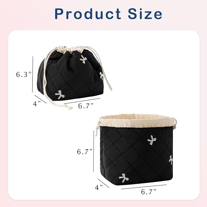 Cotton Quilted Drawstring Makeup Bag with Canvas Lining,Coquette Aesthetic Cute Travel Toiletry Bag,Drawstring Gift Bag for Women and Girls（06Black Bows）