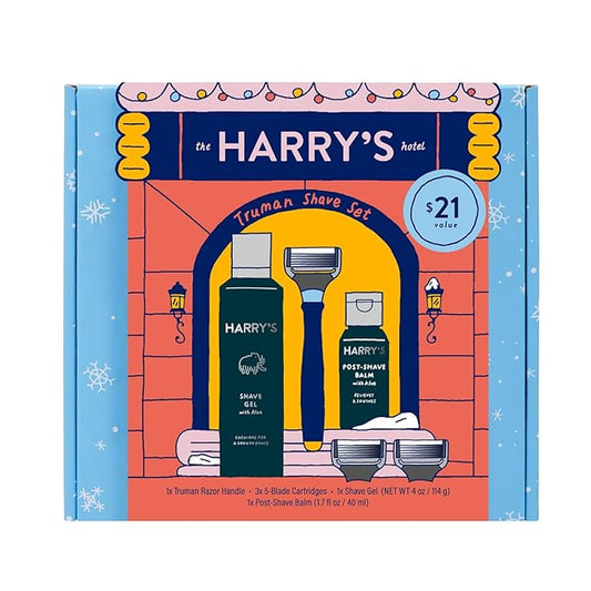 Harry's Holiday Shaving Gift Set for Men - Razor Handle, 3 Razor Blade Refills, Foaming Shave Gel, and Post-Shave Balm - Evening Blue