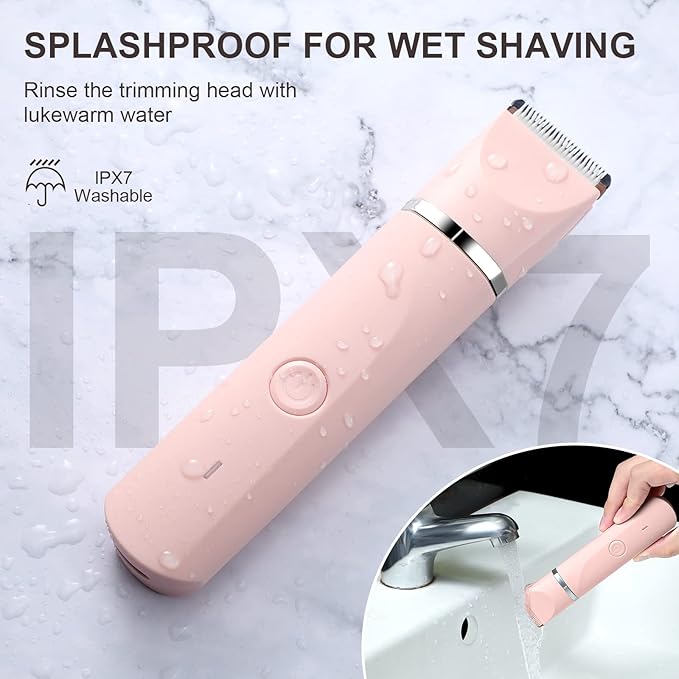 AREYZIN Bikini Trimmer for Women,Electric Razors Shaver for Bikini Legs Pubic Hair,Rechargeable Ladies Bikini Hair Trimmer Removal with Snap-in Ceramic Blades IP7X Washable Head,Wet and Dry Use,Pink