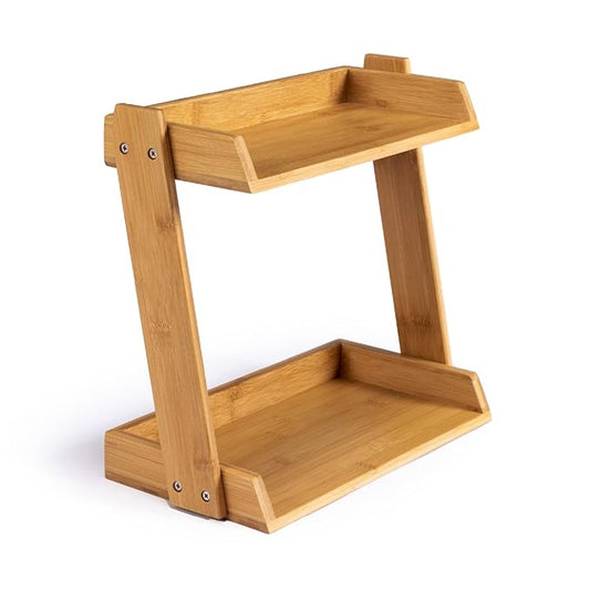 GOBAM Bamboo Makeup & Countertop Organizer, Small - 2 Layer Cosmetics, Lipsticks, Jewelry, Brushes, Hair Accessories & Perfume Organizer for Dresser, Easy Assembly - Natural