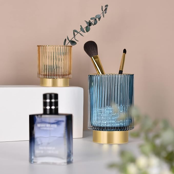 CANITORON Makeup Brush Holder,Glass Makeup Brush Holder Organizer Store Cosmetic Tools,Eyeliner,Storage Organizer for Vanity,Bathroom Countertop Organize and Bedroom Countertop Storage.(Blue L)