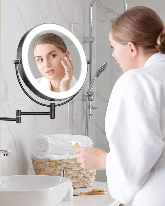 Benbilry 9" Large Wall Mounted Lighted Makeup Mirror, 1X/10X Magnifying Double-Sided AC Powered Bathroom Mirror with 3 Color Lights, Touch Dimmable, Extended Arm 360 Rotation, Black