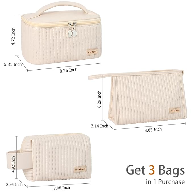 MIRASON Makeup Bag Set of 3 Cute Cosmetic Travel Toiletry Bag Organizer Pouch Set for Women PU Leather Waterproof Toiletry Bag 3 Piece Set, Beige