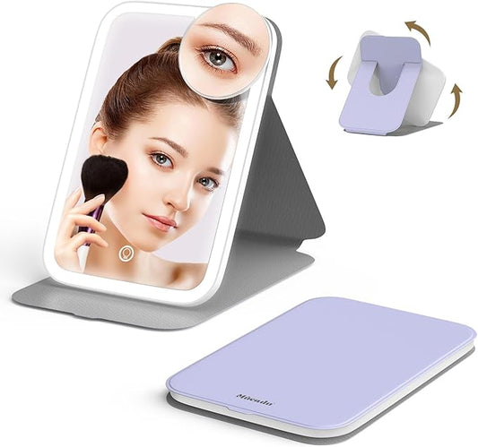 Mocado Travel Makeup Mirro with Lights, 360° Rotation Lighted Makeup Mirror, Portable Mirror with 10x Magnification, 60LEDs 3 Color Lightings, Dimmable Touch Screen, Tabletop Light up Mirror(Purple)