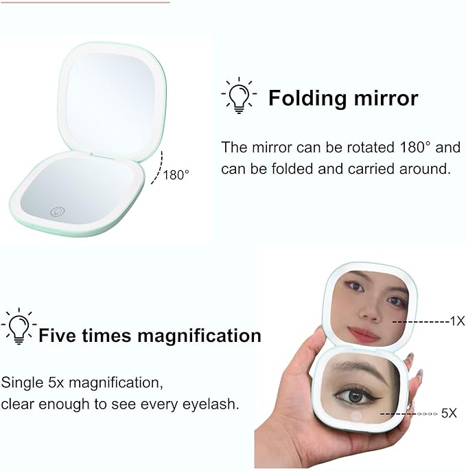 Makeup Mirror with Lights - Dual-Sided Green LED Pocket Mirror, 1X/5X Magnifying Travel Mirror, 3 Light Modes, Rechargeable Handheld Mirror for On-The-Go Makeup, Grooming, and Gifts