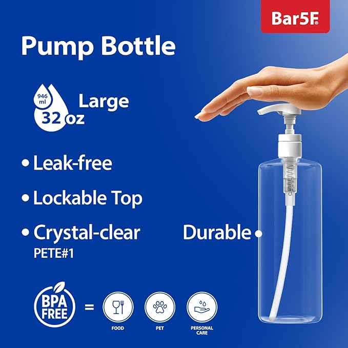 Bar5F Pump Bottle 32-Ounce 1-Liter Empty for Shampoo Conditioner Body Wash Lotion BPA-Free Crystal-Clear