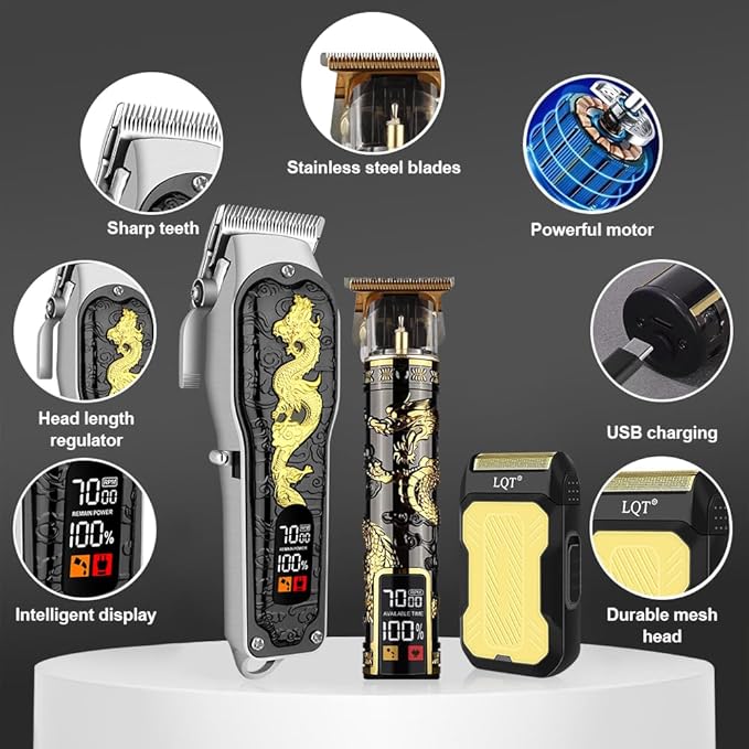 Hair Clippers 3-Piece Men's Professional Cordless Haircutting Set with LED Display, Trimmer, Shaver, Beard Clipper - Father's Day Gift