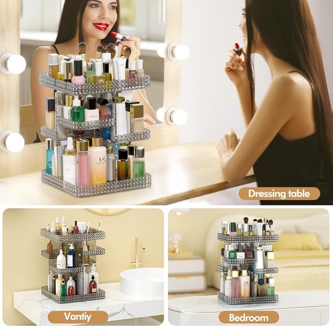 Makeup Organizer 360 Rotating Cosmetic Organizer, DIY Adjustable Makeup Carousel Spinning Holder Rack, Large Capacity Cosmetic Display Cases Vanity Countertop Fits Makeup Brushes Lipsticks (Grey)