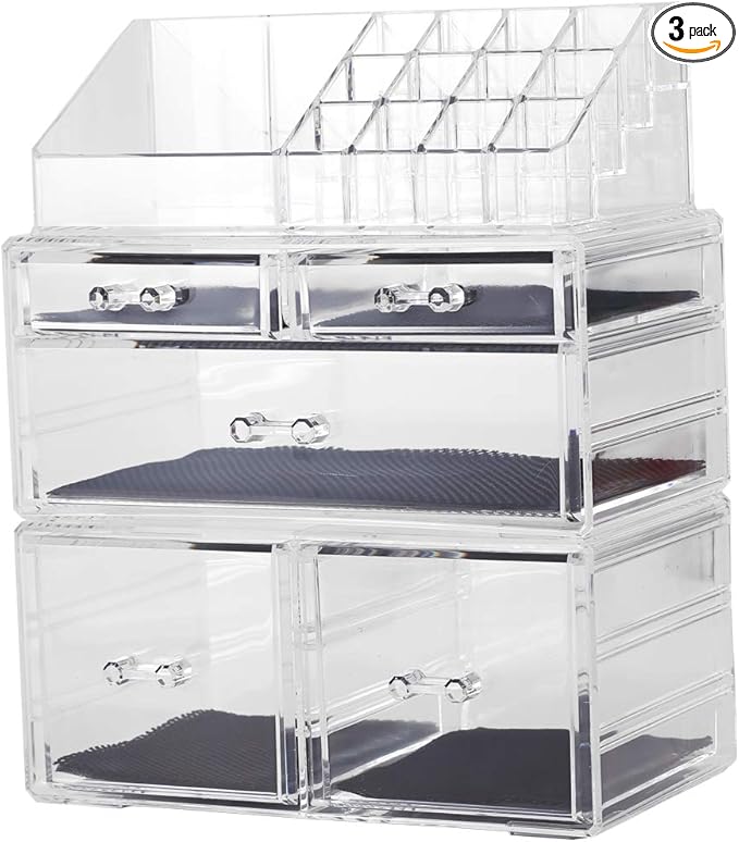 Sooyee Makeup Organizer,Acrylic Cosmetic Organizer Storage Drawers Jewelry and Cosmetic Display Cases Box(5 Drawers 7 Tiers) 3 Pieces Stackable,Clear