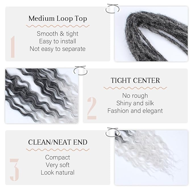 24 In Dreadlock Extensions Curly Ended, 10 Strands Ombre White Synthetic Double Ended Dreads Extensions, 100% Handmade Dreads Hippie Style Dreadlocks for Woman