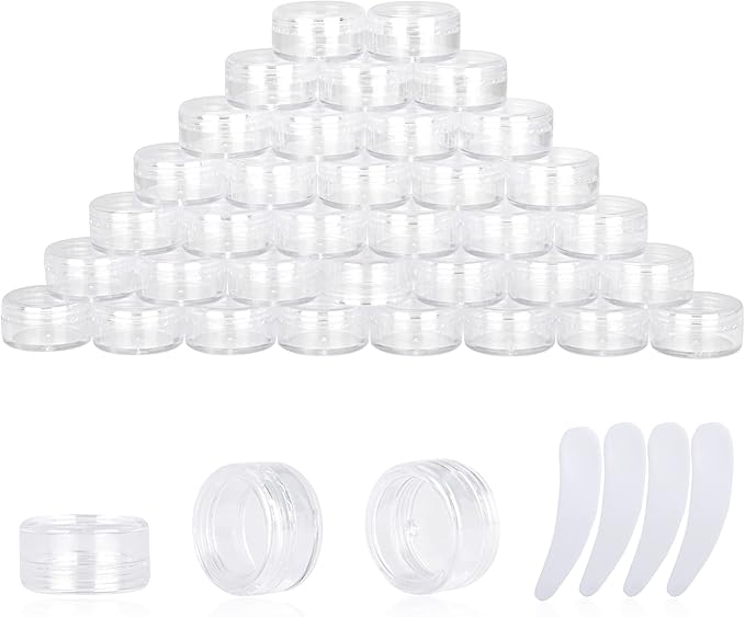 50PCS 3 Gram Sample Containers, 3ml Empty Jars with Lids, Small Cosmetic Containers, Mini Sample Jars with 4PCS Mini Spatulas for Make Up, Oils, Lotion, Powder, Paint, Jewelry, Lip Balms(Clear Lid)