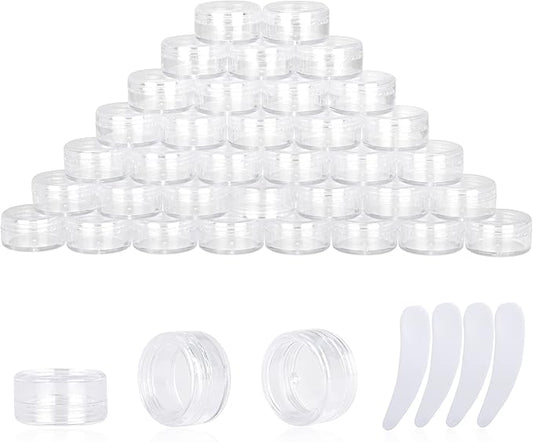 50PCS 3 Gram Sample Containers, 3ml Empty Jars with Lids, Small Cosmetic Containers, Mini Sample Jars with 4PCS Mini Spatulas for Make Up, Oils, Lotion, Powder, Paint, Jewelry, Lip Balms(Clear Lid)