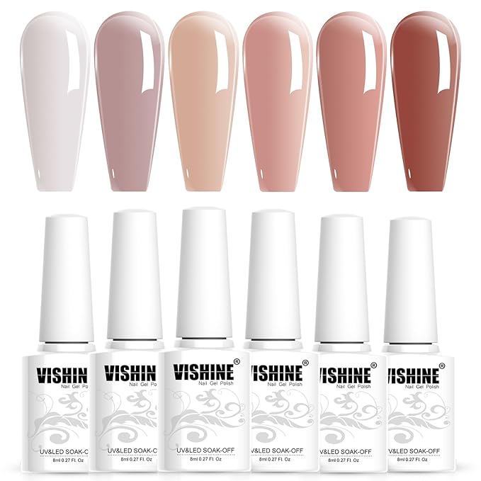 Vishine 6pcs Gel Nail Polish Set - Jelly Nude Neutral Skin Color Dusty Rose Maple Red Semi-Transparent Nail Polish - Fall Nail Gel UV LED Soak Off Home DIY 8ml