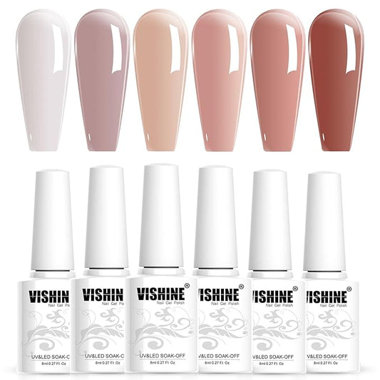 Vishine 6pcs Gel Nail Polish Set - Jelly Nude Neutral Skin Color Dusty Rose Maple Red Semi-Transparent Nail Polish - Fall Nail Gel UV LED Soak Off Home DIY 8ml