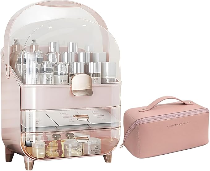IUI Make up Organizer, 2 Drawer Make up Organizers for Vanity, DustProof Skincare Organizers with Lid, Large Cosmetic Display Cases for Vanity, Bathroom, Countertop, Gifts for Women Girls, Pink