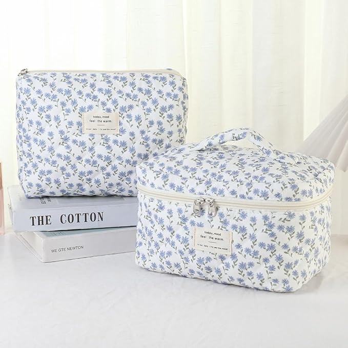 Makeup Bag, 3 PCS Quilted Makeup Bag, Cute Floral Cotton Cosmetic Bag set, Coquette Makeup Pouch Large Travel Toiletry Bag