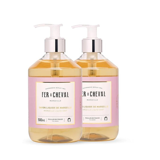 Fer à Cheval Fig Leaves Marseille Liquid Soap | Argan & Coconut Oil Blend, Gentle Hydration, SLS-Free, 97% Natural - Duo Set, 500ml / 16.9 f oz