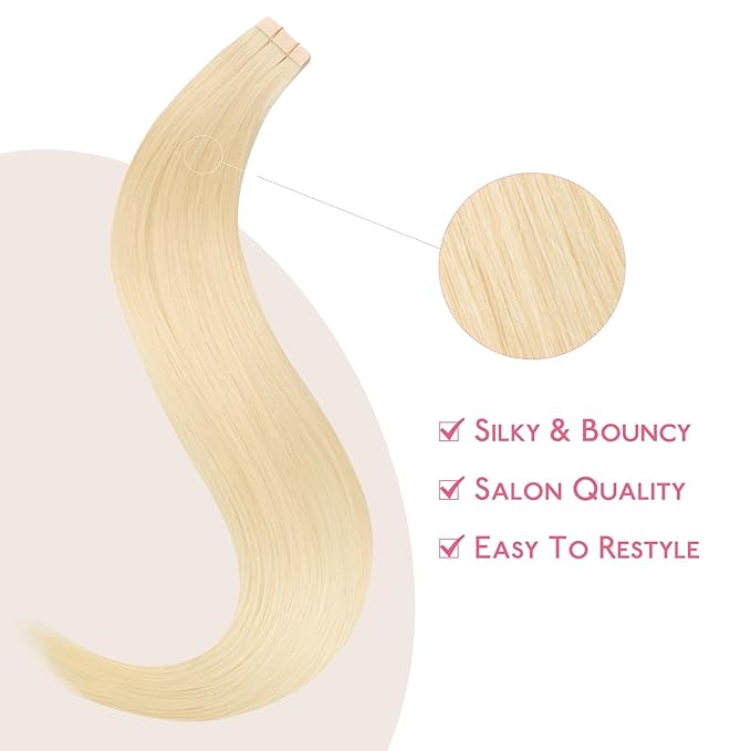 WENNALIFE Tape in Hair Extensions Human Hair Platinum Blonde Tape in Extensions, 10pcs 20g 10 inch Remy Invisible Tape Ins Straight Soft Real Human Hair Tape in Extensions Refill Set Extensions