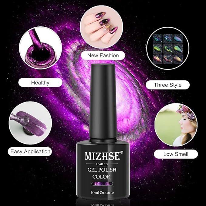 MIZHSE 9D Cat Eye Gel Nail Polish, Magnetic Cat Eye Gel Polish Set, 10ml*6 with 2 Magnets, Classic Colors Chameleon Magic Galaxy Effect Soak off Nail Art, Sparkle Stunning Gel Polish Gift for Women