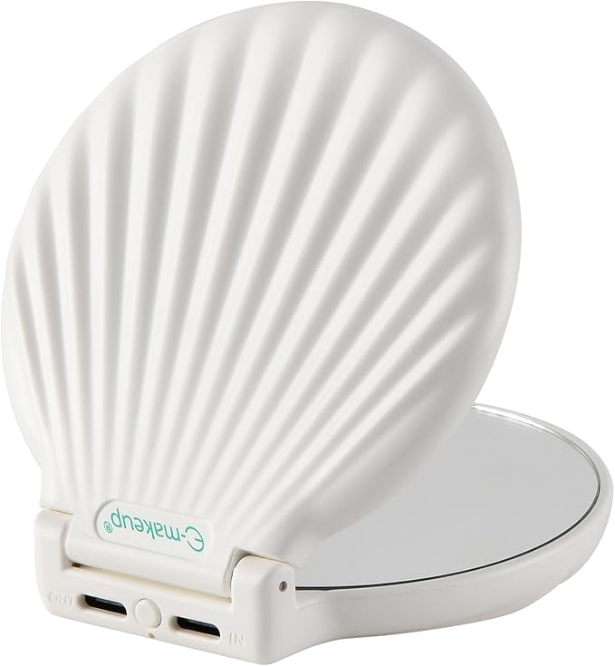 Shell Compact Mirror with Light, 2X / 10x Magnifying Travel Mirror with Light, Small Pocket Mirror, 2-Sided, Folding, Handheld, Dimmable Led Mirror, Unique Gift, White