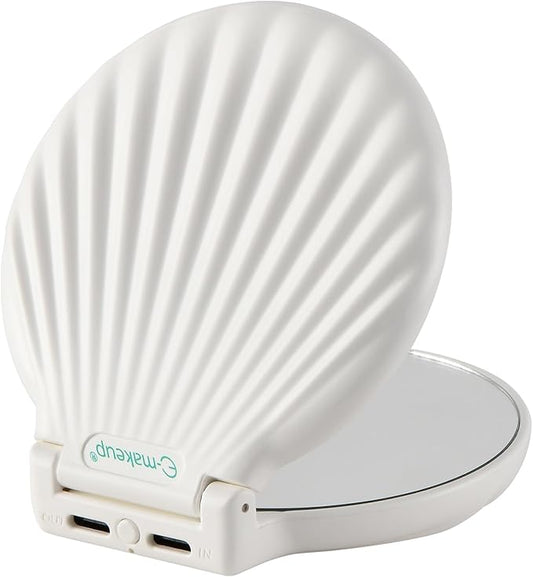 Shell Compact Mirror with Light, 2X / 10x Magnifying Travel Mirror with Light, Small Pocket Mirror, 2-Sided, Folding, Handheld, Dimmable Led Mirror, Unique Gift, White