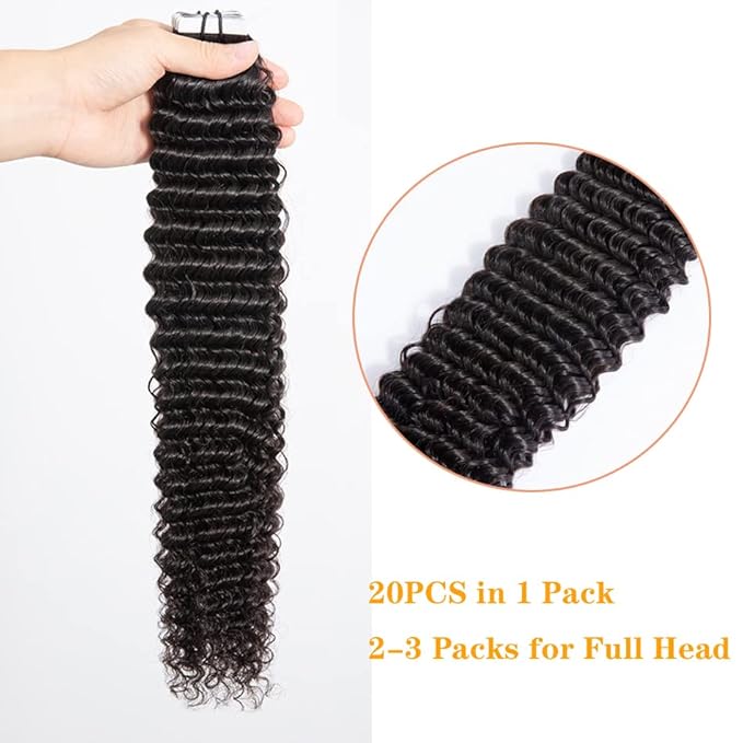 Kinky Curly Tape in Hair Extension Double Sided Skin Weft Brazilian Human Hair for Black Women 14Inch 50G 20PCS/Set Seamless Afro Curly Tape In Extensions Natural Color Invisible Tape Hair Extensions