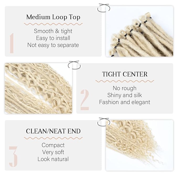 24 Inch 30 Strands SE Dreadlock Extensions Sets，3 In 1 Mixed Synthetic Dreads Extensions, 613 Blonde Straight&Curly&Boho Handmade Dreads Hippie Style Dreadlocks for Woman