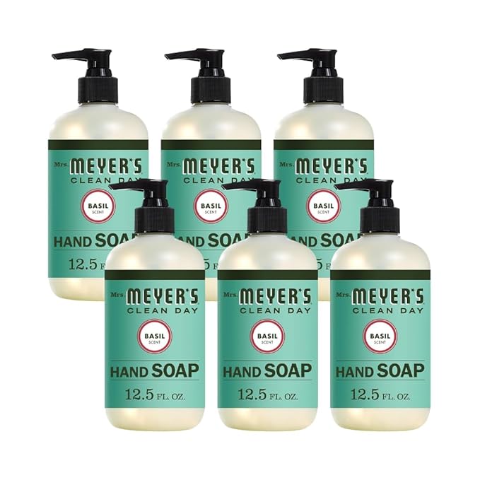 MRS. MEYER'S CLEAN DAY Liquid Hand Soap, Cruelty Free and Biodegradable Hand Wash Made with Essential Oils, Basil Scent, 12.5 oz - Pack of 6