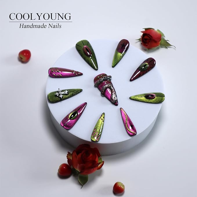 Handmade Nails, Press On Nails Green, Acrylic Press On Nails, Stiletto Nails, Stick On Nails For Women, Cats Eye Press On Nails, Snake Press On Nail, Woman Gifts, COOLYOUNG Nails, 10 PCS, Size L