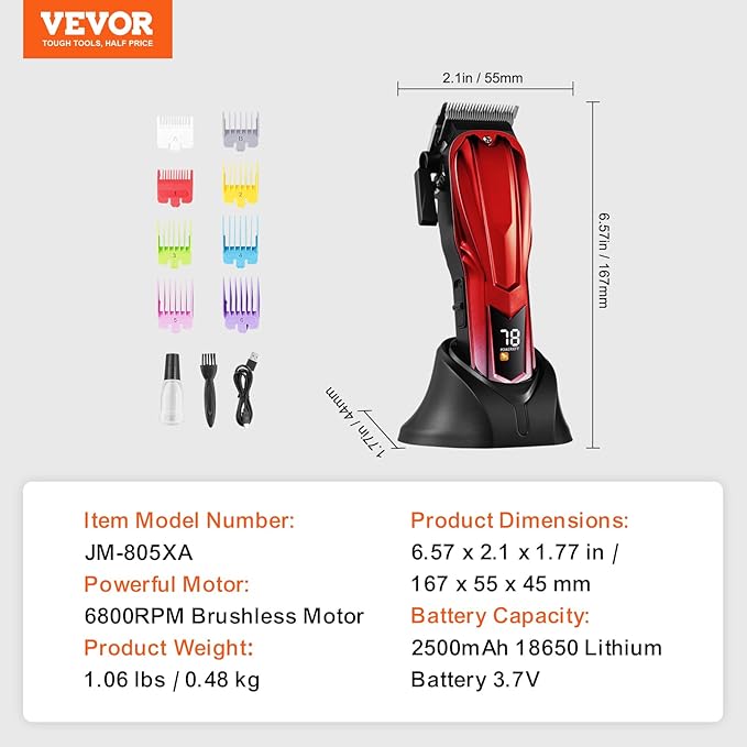 VEVOR Professional Hair Clipper for Men, Cordless Barber Clipper with 6800RPM Brushless Motor & LED Display, Men's Hair Cutting Grooming Kit with 8 Guide Combs for Home Barber, Ideal Gift for Husband
