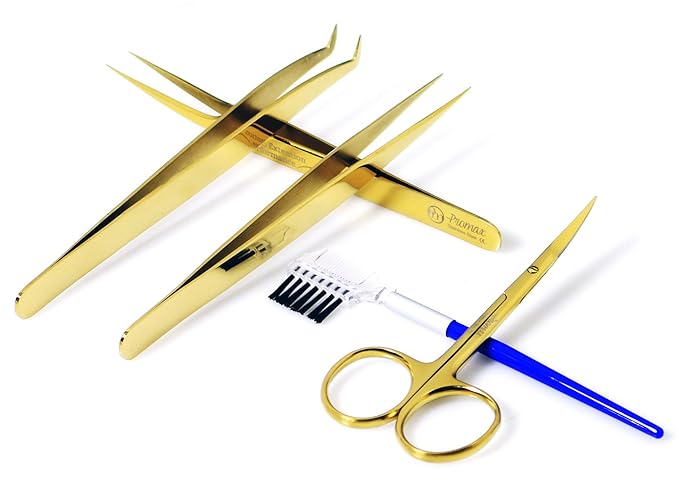 ProMax Care Gold Professional Quality EyeLash Extension 5 PCs Tweezers -The Complete kit for Eyelash Tweezers Include Straight & Curved Tested Tweezers Come in Black Zipper safety Leather Case-80-2023