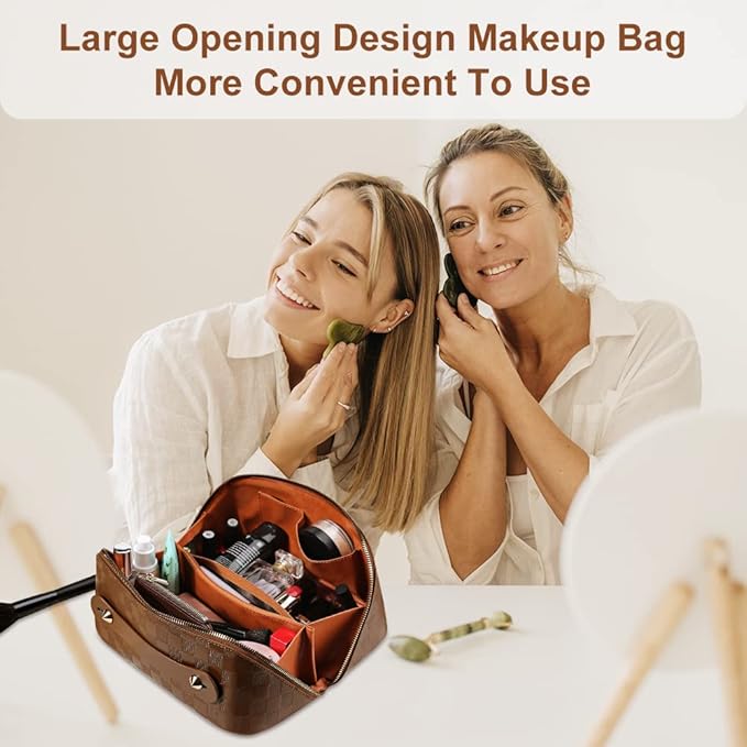 Cessfle Large Capacity Travel Cosmetic Bag Plaid Checkered Makeup Bag Portable Leather Waterproof Skincare Bag with Handle and Divider for Women, 01-Brown